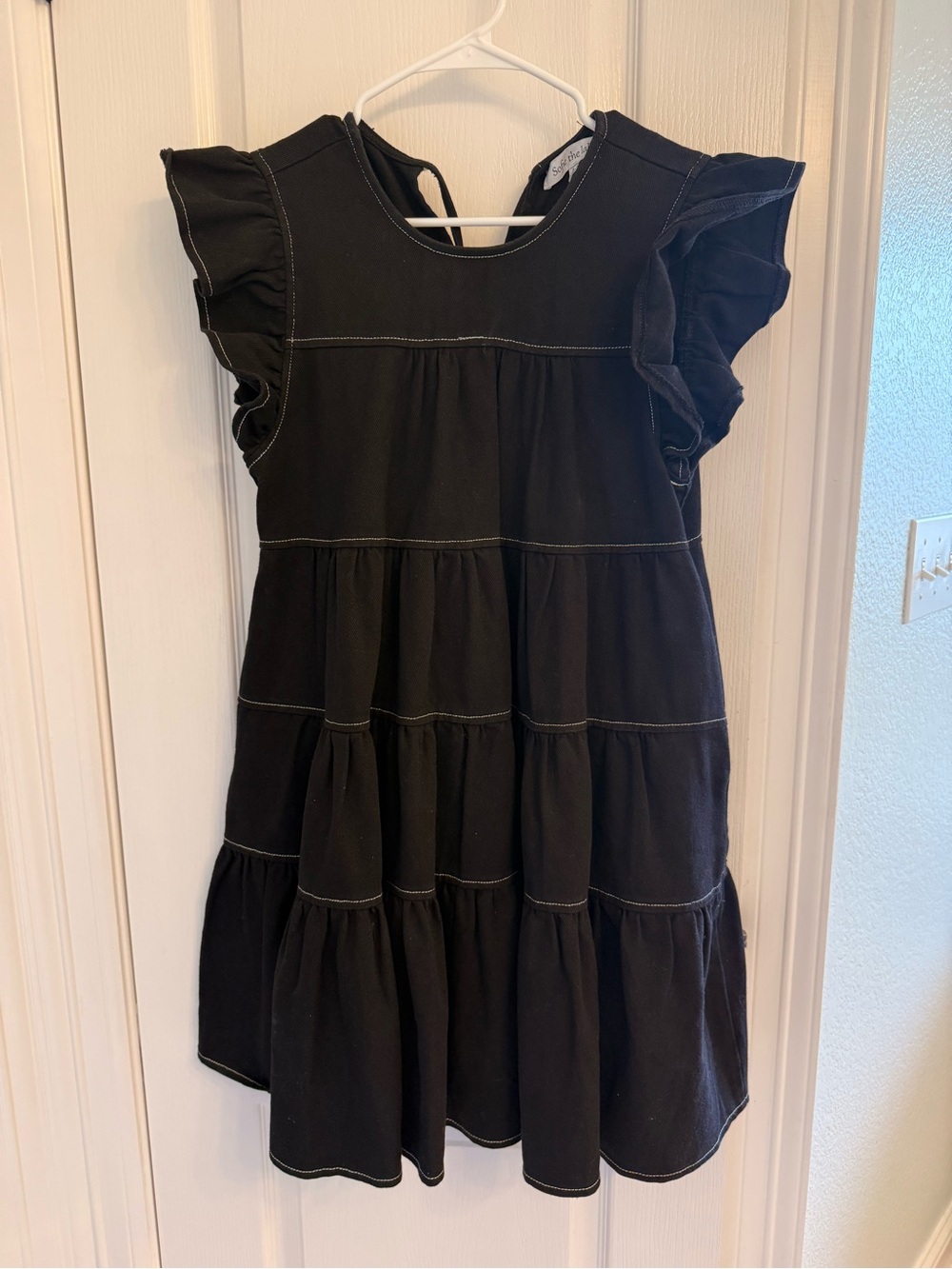 Black Denim Tiered Ruffle Sleeve Dress